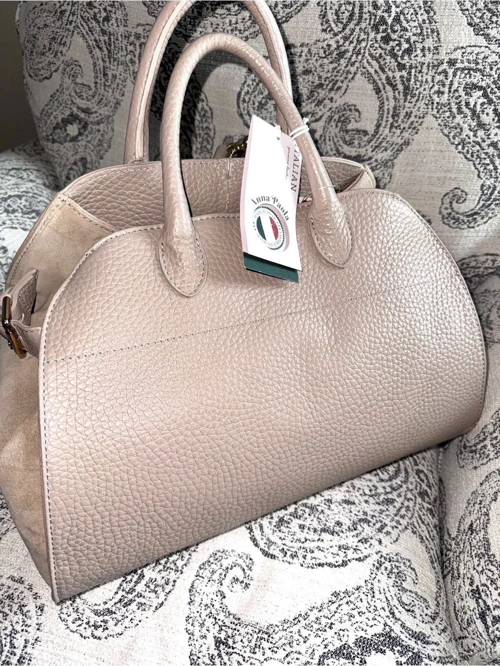 Anna Paola Italian Leather Satchel Tote -large tan / bone